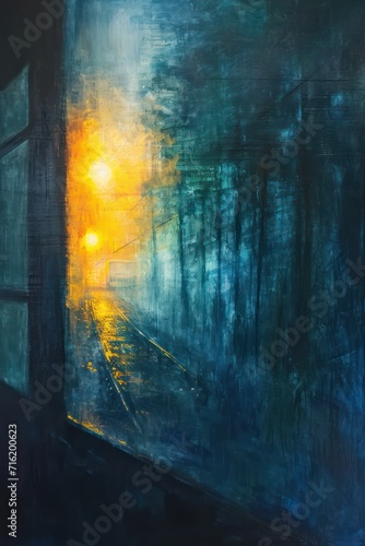 illustrations depicting loneliness, longing, nostalgia. saw the light shining through the thick fog