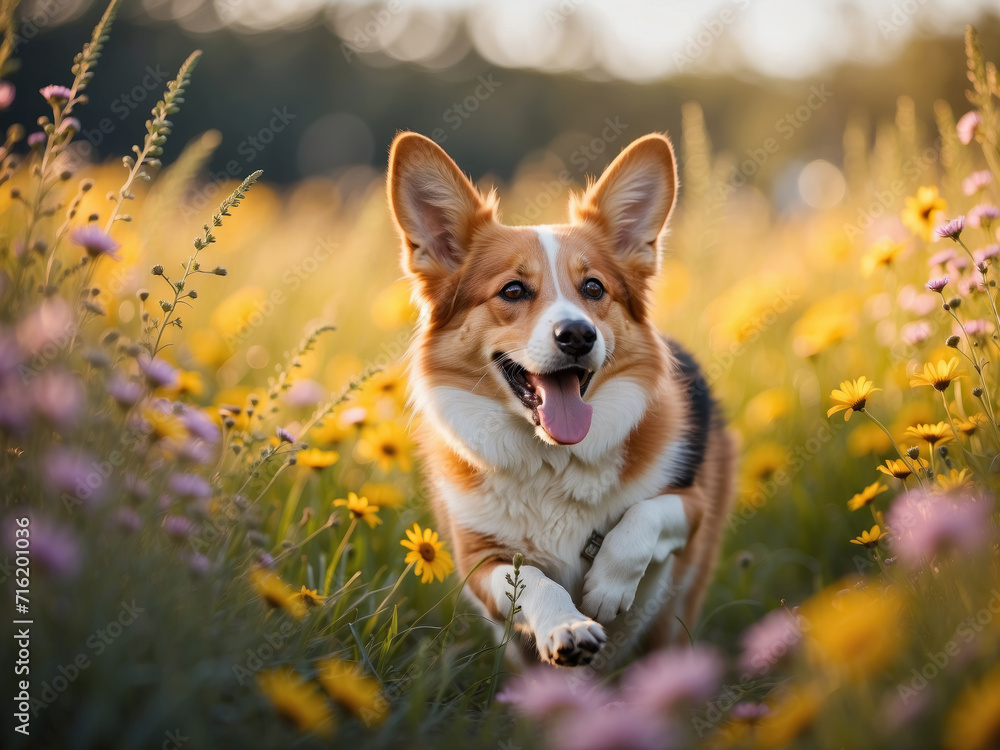 Cute smiling Pembroke Welsh Corgi puppy running in a summer sunny meadow surrounded by pink and yellow daisies Cute smiling Pembroke Welsh Corgi puppy running in a summer sunny meadow surrounded by pink and yellow daisies