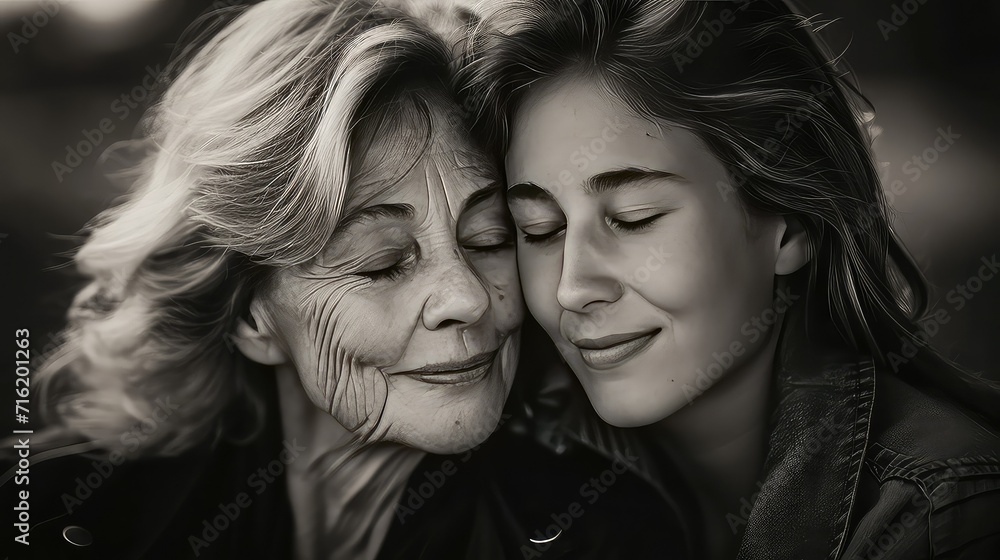 Black and White  Monochrome image of mother hugging her teenager