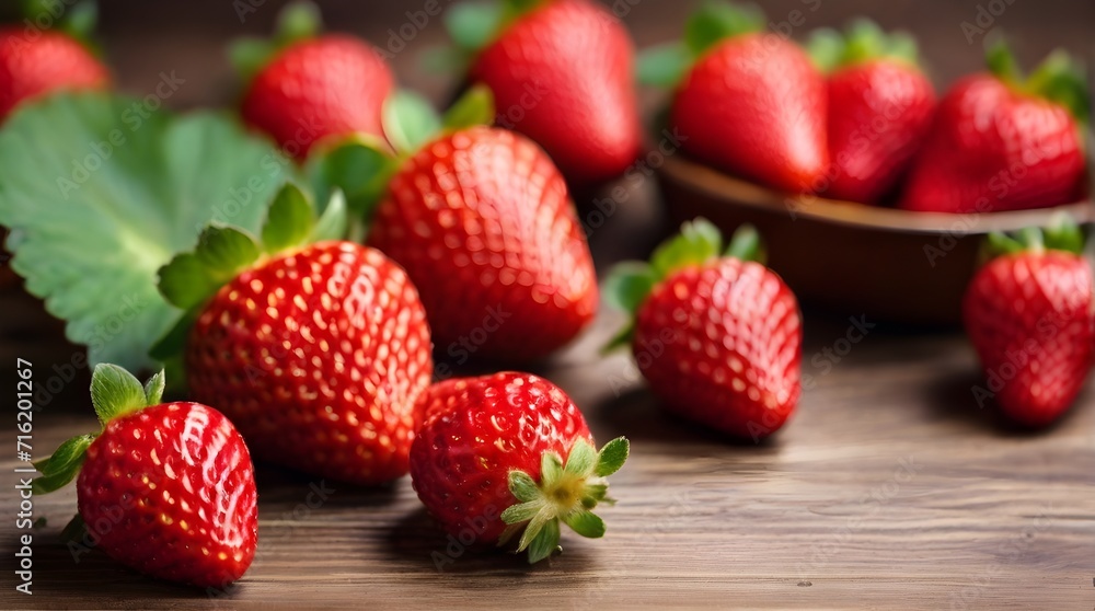 Fresh ripe strawberries ripe and juicy refreshment background top view of wooden table