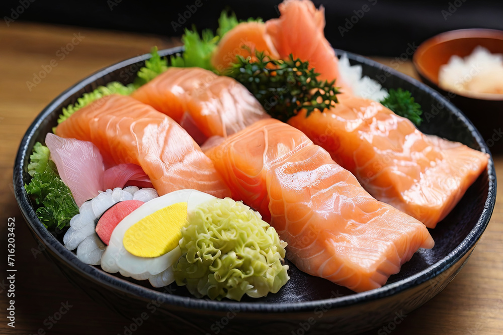 Savor the artistry of Japanese cuisine with a delectable plate set featuring fresh and vibrant salmon sashimi, a true feast for the senses. Savor the artistry of Japanese cuisine with a delectable plate set featuring fresh and vibrant salmon sashimi, a true feast for the senses.