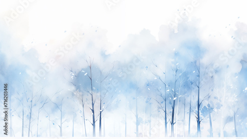 Watercolor misty forest. Rustic winter foggy scene . Wild nature. blue color tone.