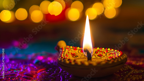 Diwali Festival Oil Lamp. Traditional Diwali diya lamp lit during festive celebration, symbolising hope and spiritual enlightenment.