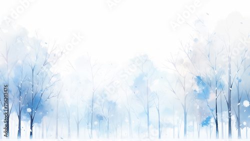 Watercolor misty forest. Rustic winter foggy scene . Wild nature. blue color tone.