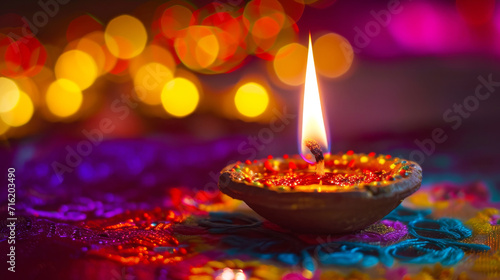 Festive Candle on Ornate Background. A lit diya with vibrant bokeh lights, symbolising celebration.