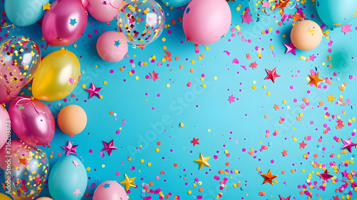 Vibrant and celebratory, this image features a dazzling array of party supplies, including colorful balloons, against a bold blue backdrop adorned with playful confetti