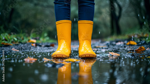 Feet in rubber boots splashing in a rain puddle, enjoying a fun outdoor activity on a rainy day