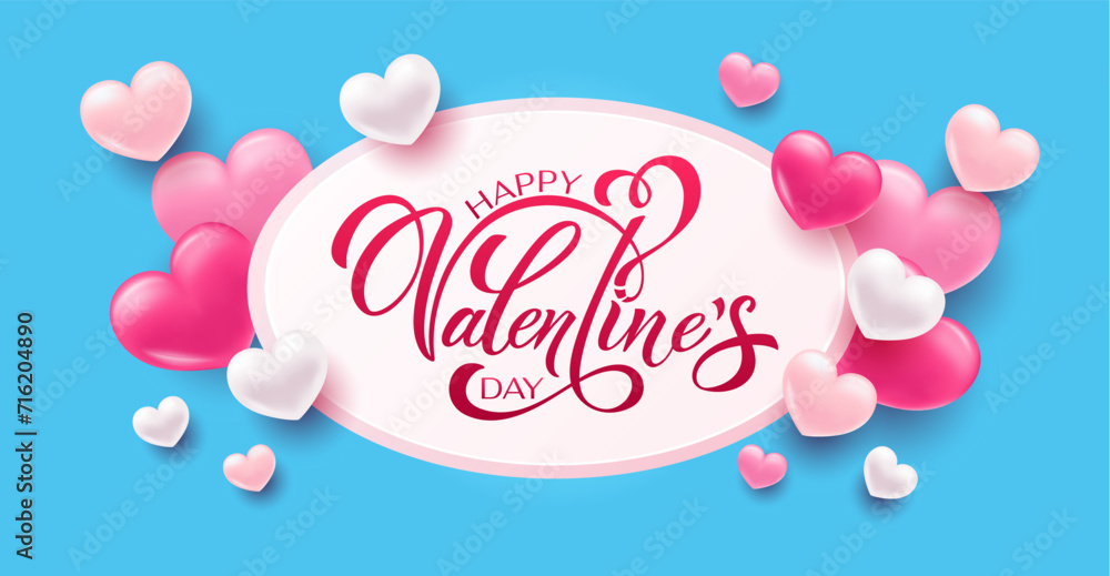 Naklejka premium Happy Valentine's Day hand lettering vector. With a beautiful background of 3D hearts. Vector illustration. Text for a card or invitation.