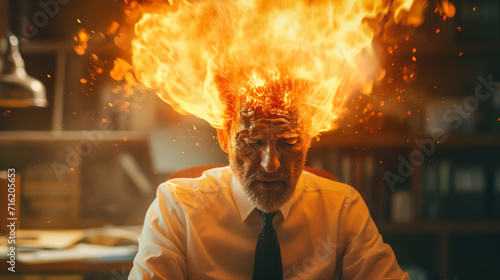 Businessman, man, working amidst anger, stress, fire, work demon photo