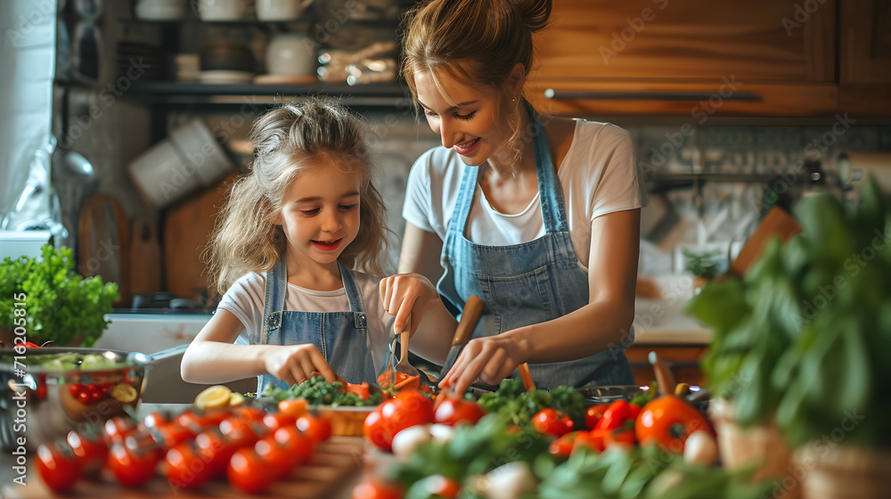 A mother and daughter are cooking together in the kitchen, enjoying quality time and preparing a meal.