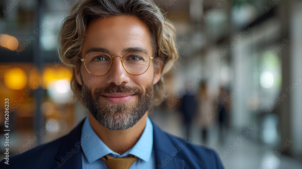 Close-up view of a smiling and confident white male business executive - CEO - Professor - Office worker - blurred background - motivated professional Close-up view of a smiling and confident white male business executive - CEO - Professor - Office worker - blurred background - motivated professional