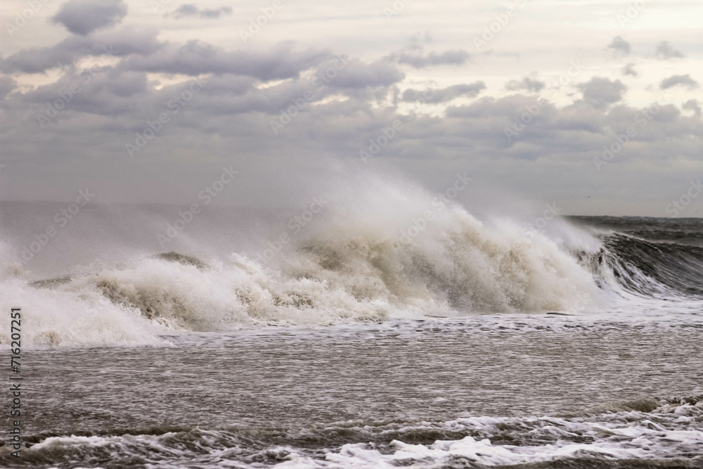 Stormy wave surge, high tide ocean