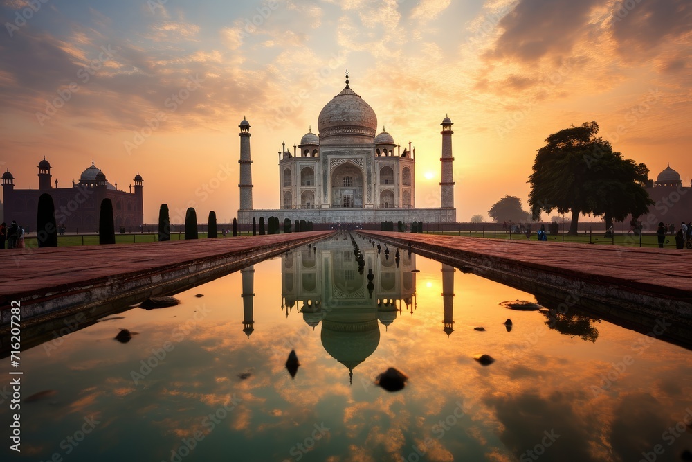 A sunrise over the Taj Mahal in India.