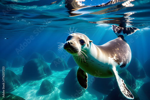 Light enters the deep sea and a cute seal swims. Generative AI