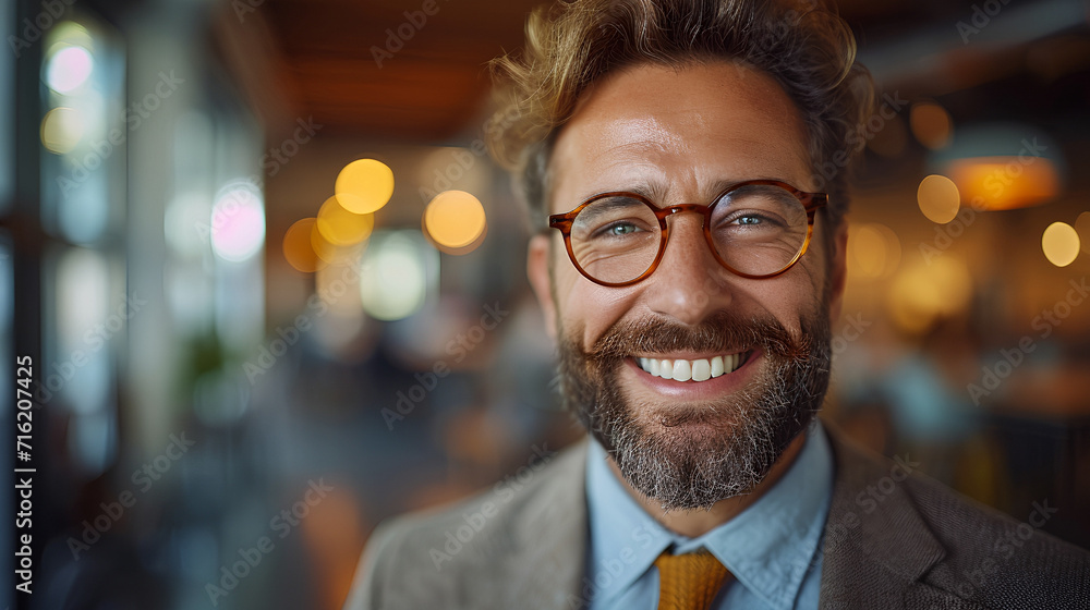 Close-up view of a smiling and confident white male business executive - CEO - Professor - Office worker - blurred background - motivated professional Close-up view of a smiling and confident white male business executive - CEO - Professor - Office worker - blurred background - motivated professional