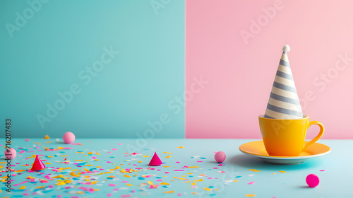 A cheerful yellow cup, adorned with a striped hat, sits proudly on a pink and yellow table, ready to serve up a delectable dessert cone indoors