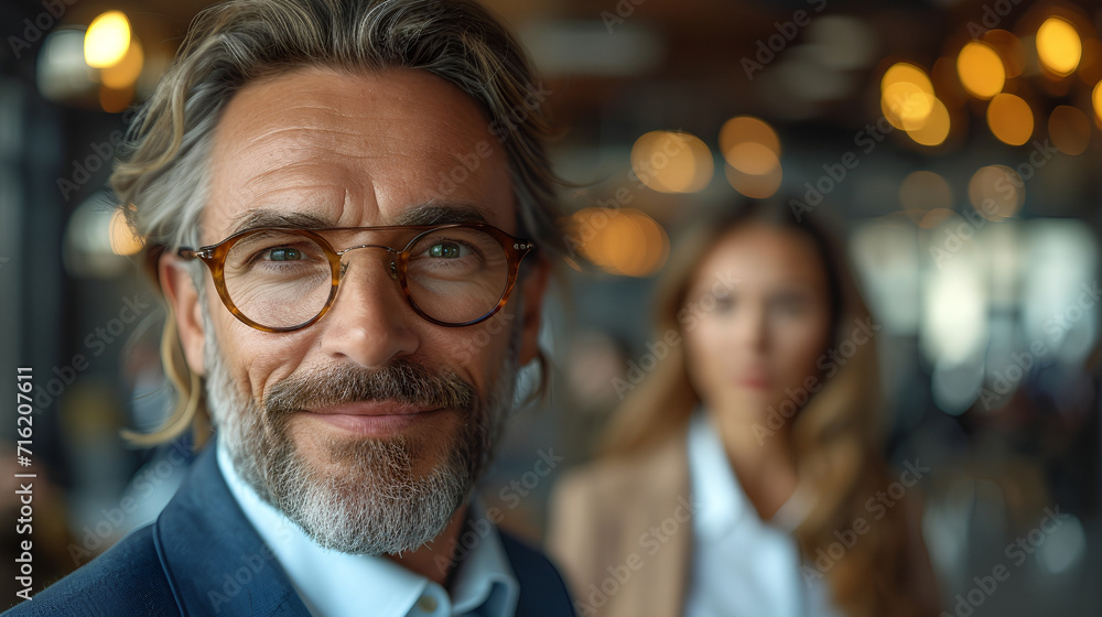 Close-up view of a smiling and confident white male business executive - CEO - Professor - Office worker - blurred background - motivated professional Close-up view of a smiling and confident white male business executive - CEO - Professor - Office worker - blurred background - motivated professional