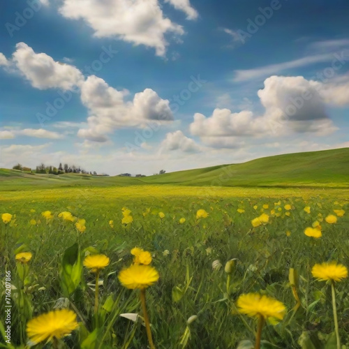 Beautiful meadow field with fresh grass and yellow dandelion flowers in nature against a blurry blue sky with clouds. Summer spring perfect natural landscape