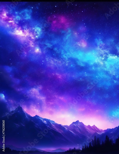 Beautiful fantasy starry night sky, blue and purple colorful, galaxy and aurora 4k wallpaper © Shihab_Shahriar