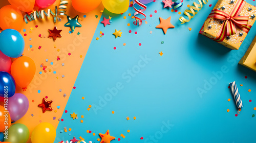 Vibrant celebration awaits with a vibrant backdrop of confetti and balloons, perfect for any indoor party supply needs