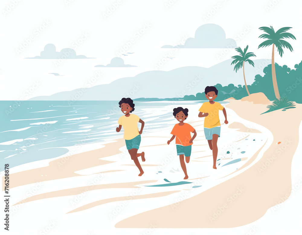 children running on the beach on the summer 