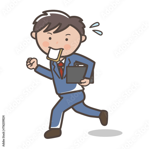 食パンをくわえながら急いで走る男性ビジネスマンのイラスト