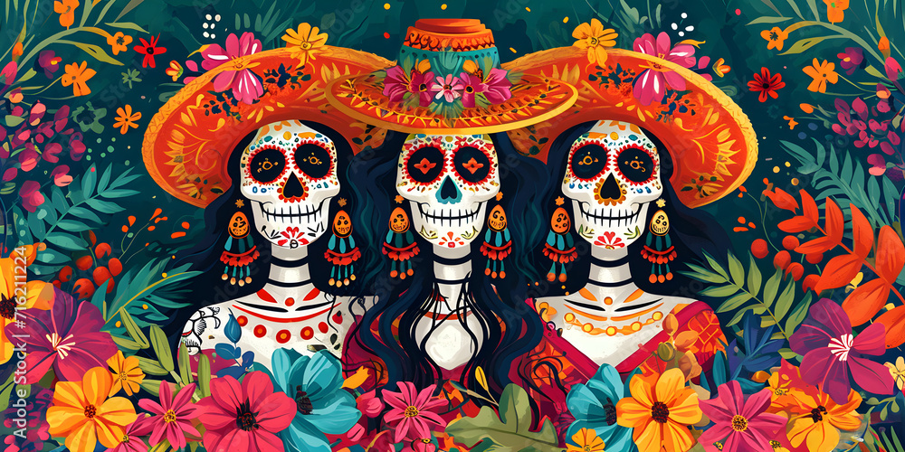 Dia de los muertos poster in traditional Mexican style featuring skull-faced women with flowers for home decor or cultural event
