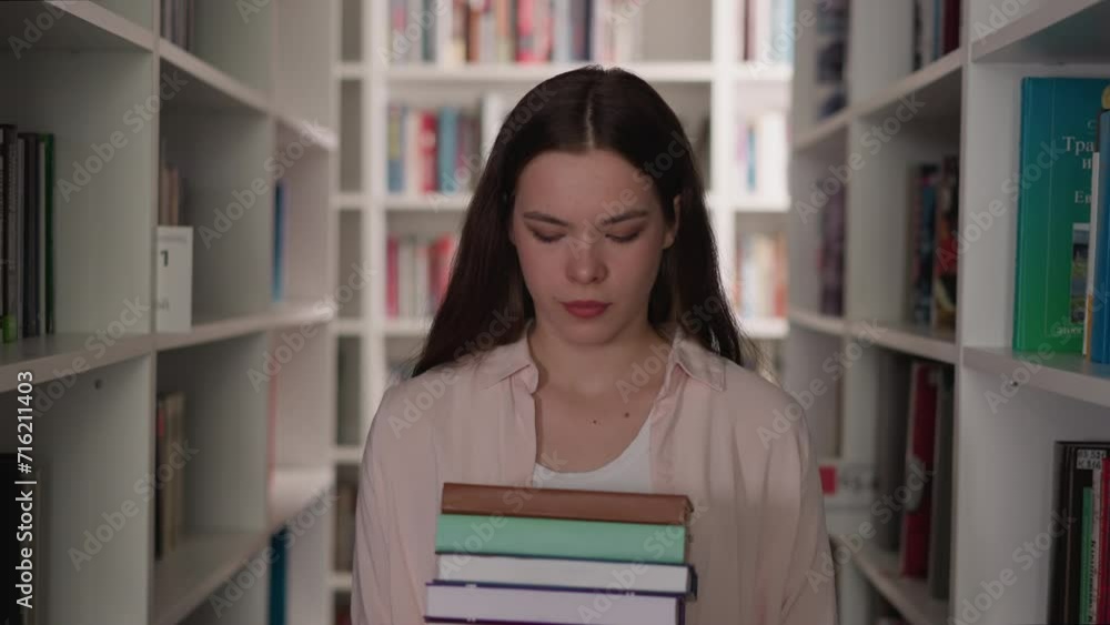 Woman walks with book stack across storage. Brunette lady in loose shirt prepares literature for studying in library. Student educative source Woman walks with book stack across storage. Brunette lady in loose shirt prepares literature for studying in library. Student educative source