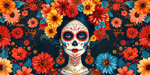 Dia de los Muertos poster in traditional Mexican style for home decor or cultural events, featuring skull-faced women with flowers. © NE97