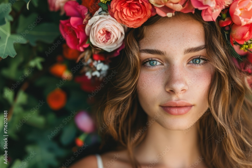 A woman with a floral headband and a flower crown on her head