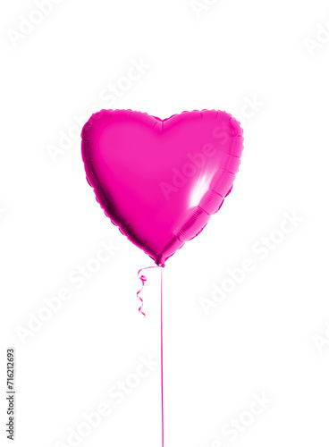 One big pink heart shaped balloon with ribbon isolated on a white background. Beautiful birthday party gift. Floating object. Inflatable ball by helium gas. Valentines day gift. Love symbol. Girlish