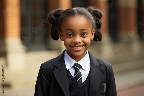 Happy Young Schoolgirl in Uniform Smiling on Her First Day of School