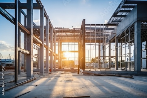 Sunset View through the Skeleton of a Modern Building Under Construction photo