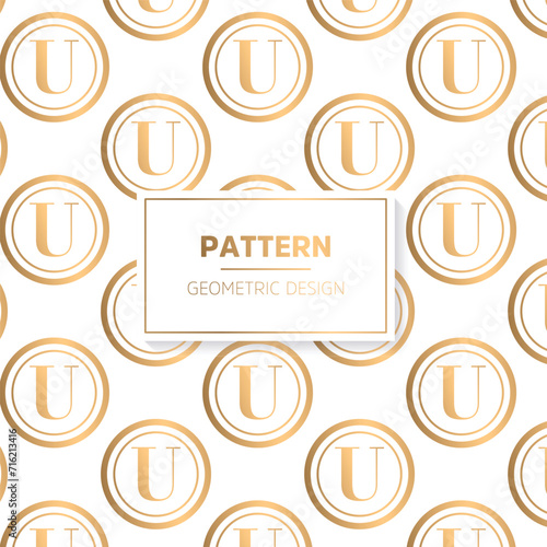 Seamless pattern with letter M gold circles on white background. Vector illustration