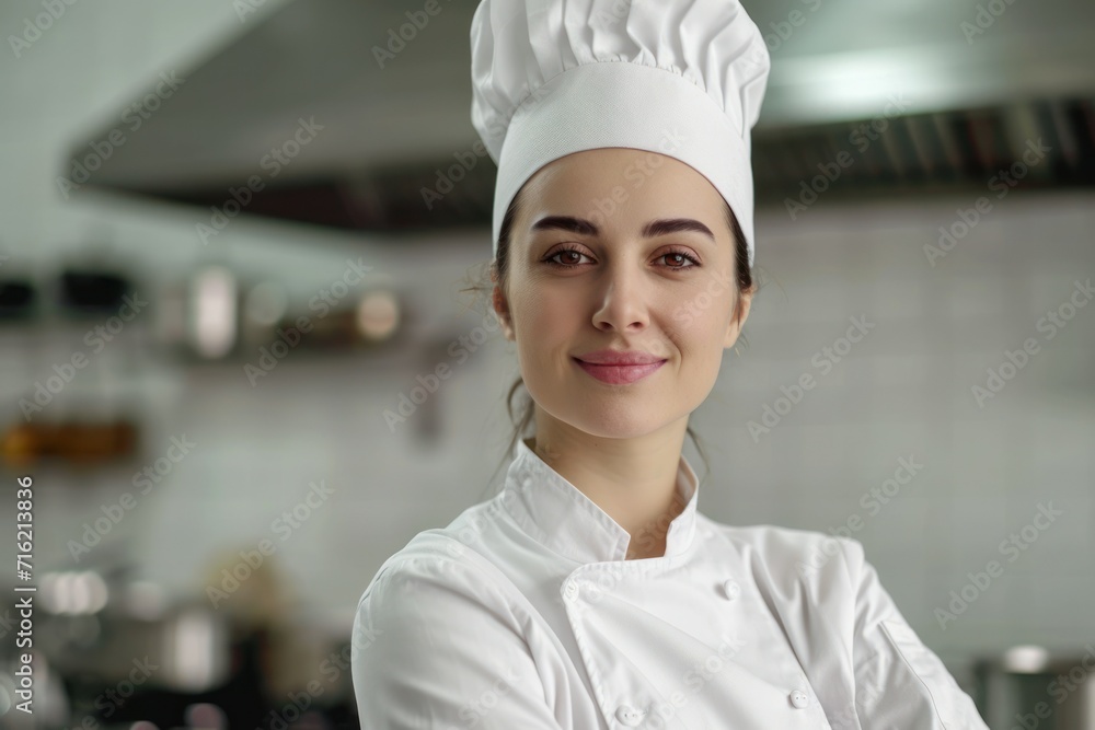 female chef in white uniform smiles at camera on kitchen female chef in white uniform smiles at camera on kitchen
