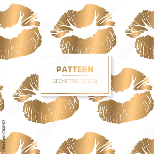 Seamless lip kiss pattern. Abstract vector background. Gold and white color.