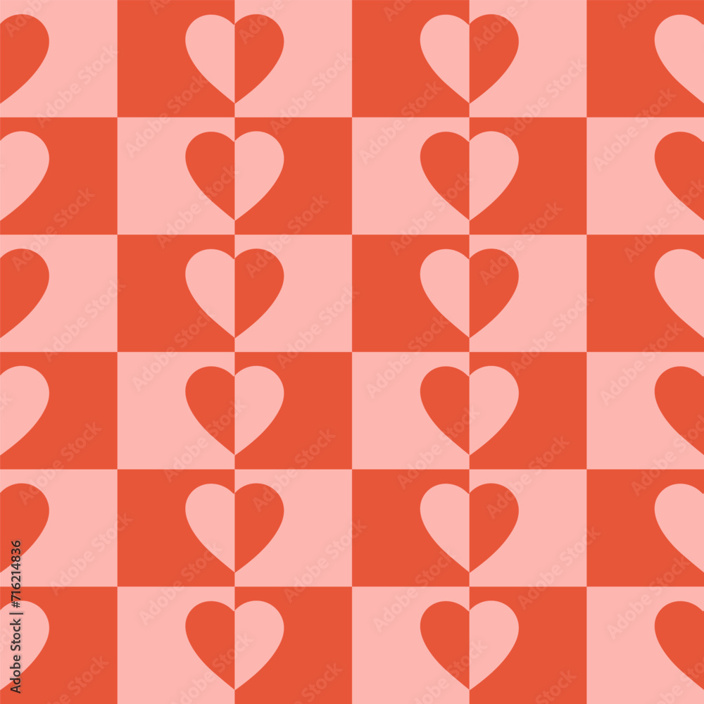 Monochrome minimalistic seamless pattern with hearts on a checkered background. Modern retro illustration for decoration. Aesthetic vector print in style 60s, 70s. Pink and red colors