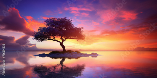 Beautiful seascape at sunset with tree silhouette. Nature composition lonely tree at sunset.
