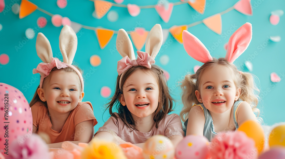 Happy girls in bunny ears celebrating easter Happy girls in bunny ears celebrating easter