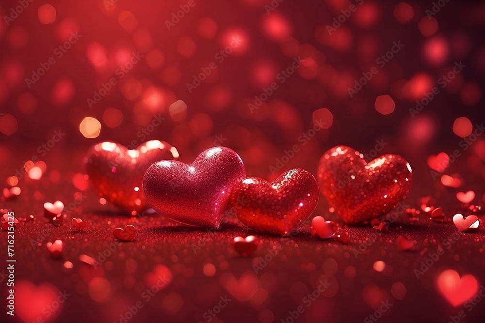 Red hearts on bokeh background, valentine day, romantic background for design.
