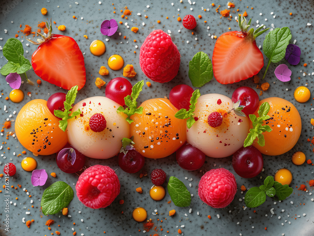 Colorful Spherical Fruit Jelly with Fresh Berries and Mint