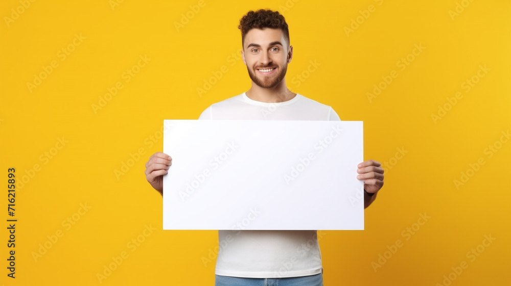 a handsome man holding a blank placard sign poster paper in his hands
