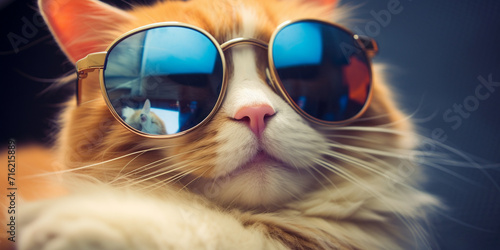 born cat in sunglasses on a blue background. Closeup portrait of funny smart cat wearing sunglasses Stylish Feline in Sunglasses. photo
