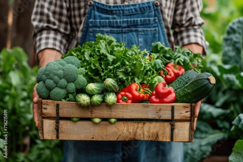 A fresh vegetable box made of wood is held by a man farmer. Generative Ai.