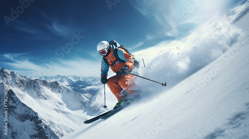 skier on background of snowy mountains © Yuwarin