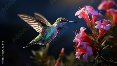 Adult billed hummingbird feeding at flower at sunrise