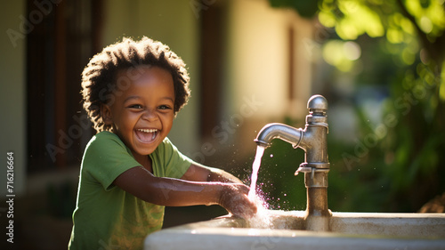 Happy african child drinking water from faucet, Environmental awareness photo