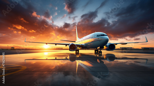 Plane parked at the airport at sunset