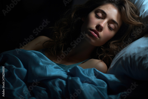 Woman peacefully resting in bed with her eyes closed. This image can be used to represent relaxation  sleep  or peaceful moment of solitude