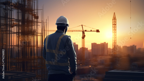 Back view of construction engineer looking at the building in the construction site with sunset